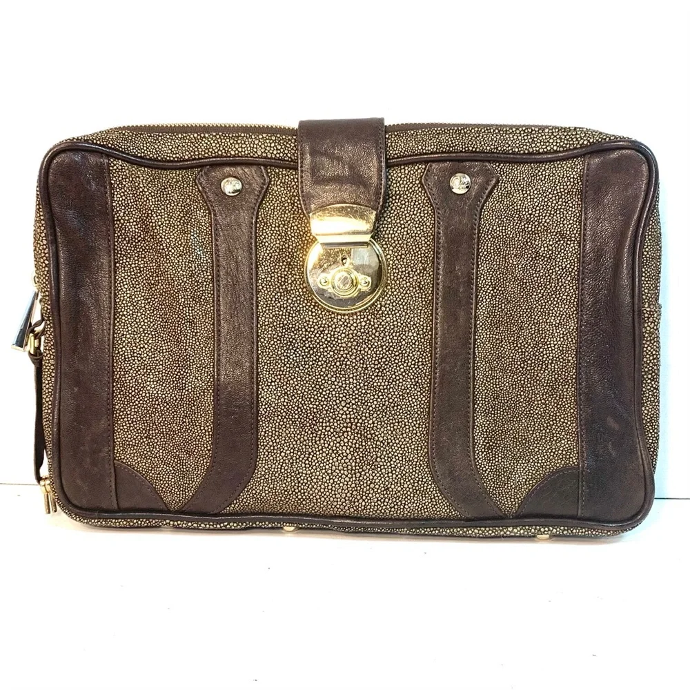 REBECCA MINKOFF Laptop Tablet Business Clutch Case Brown & Metallic Leather